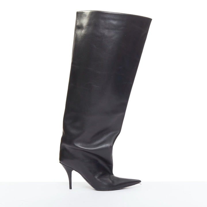 BALENCIAGA 2022 Runway Waders 90mm black leather flared shaft pointy boots EU