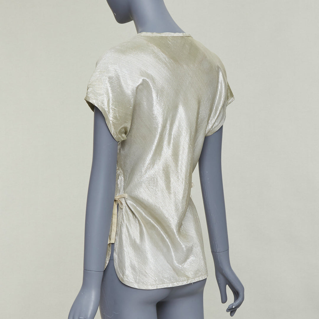 PRADA Linea Rossa Vintage silver silk blend lame scoop neck side ties top IT40 M