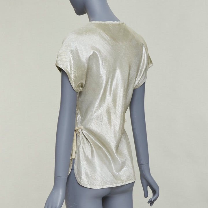 PRADA Linea Rossa Vintage silver silk blend lame scoop neck side ties top IT40 M