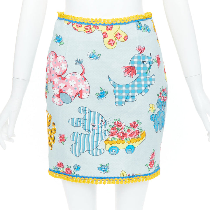 MOSCHINO 2022 Runway Calico Animals Piquet Nursery blue mini skirt IT38 XS