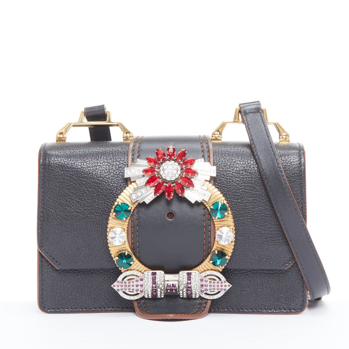 MIU MIU Lady black leather colorful rhinestone buckle flap crossbody bag