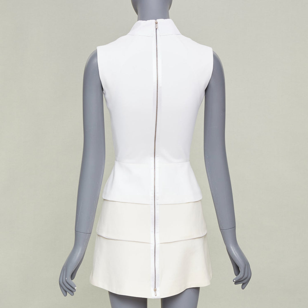 VICTORIA BECKHAM ivory cotton blend lattice bib tiered short mini dress UK6 XS