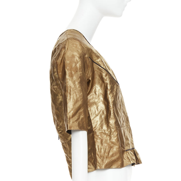 MARNI 2010 metallic gold coated black piped boxy half sleeved cropped top IT40 S