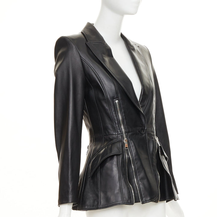 ALEXANDER MCQUEEN 2021 Zip Detail Peplum black lambskin leather blazer IT40 S