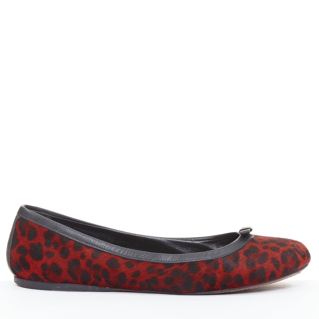 ALAIA red calf hair leopard print black leather trim ballet flats EU37.5
