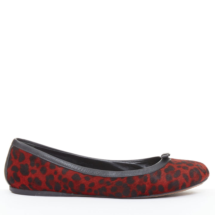 ALAIA red calf hair leopard print black leather trim ballet flats EU37.5