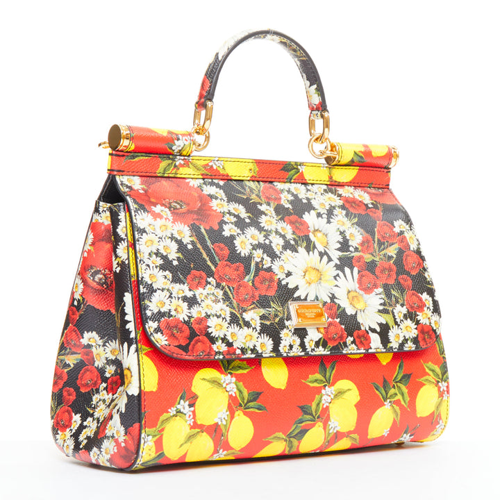 DOLCE GABBANA Miss Sicily black red yellow lemon floral leather small handle bag