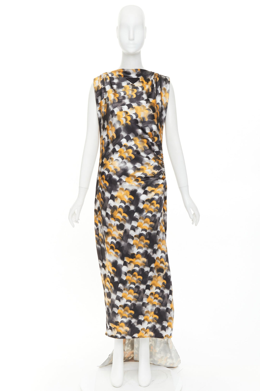 rare PRADA 2023 Runway yellow black viscose silk abstract train gown IT40 S