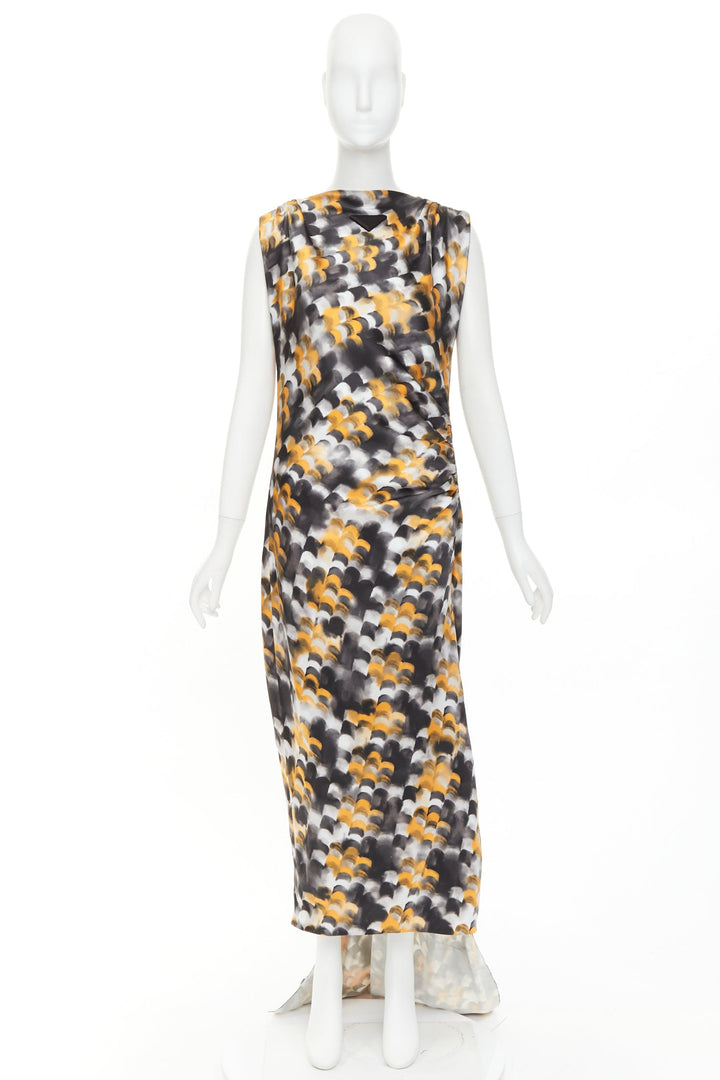 rare PRADA 2023 Runway yellow black viscose silk abstract train gown IT40 S