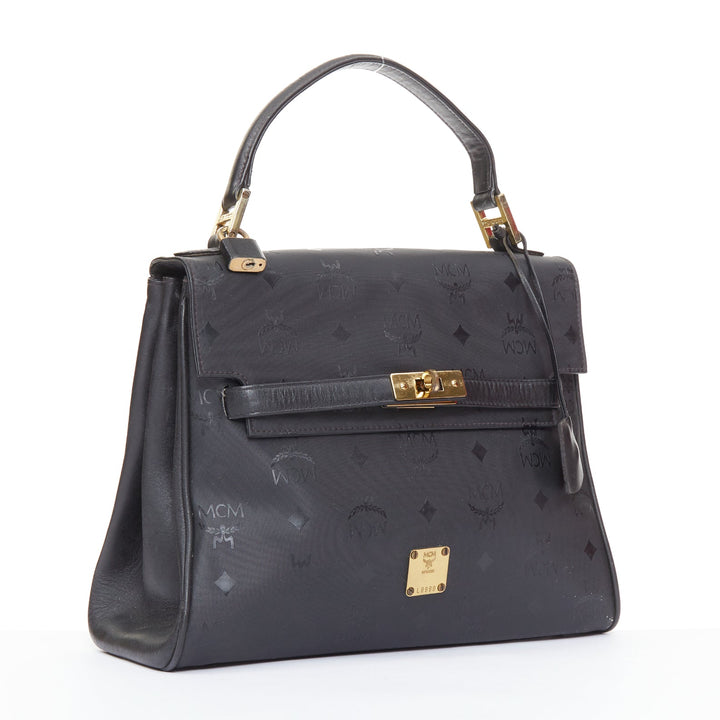 MCM Vintage Kelly black Visetos  monogram nylon leather trim GHW turnlock bag