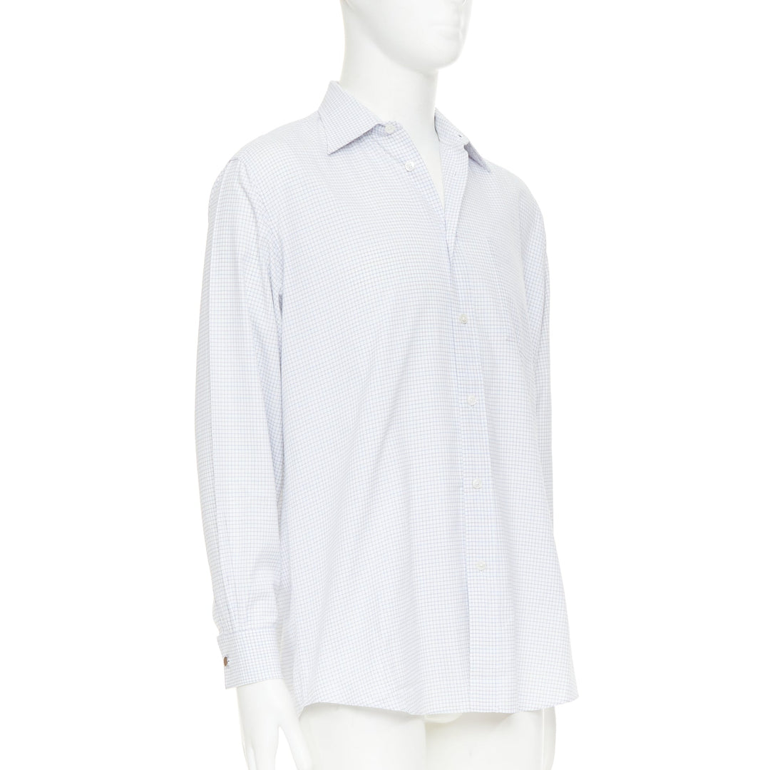 HERMES white blue small checked cotton collared shirt EU39 M