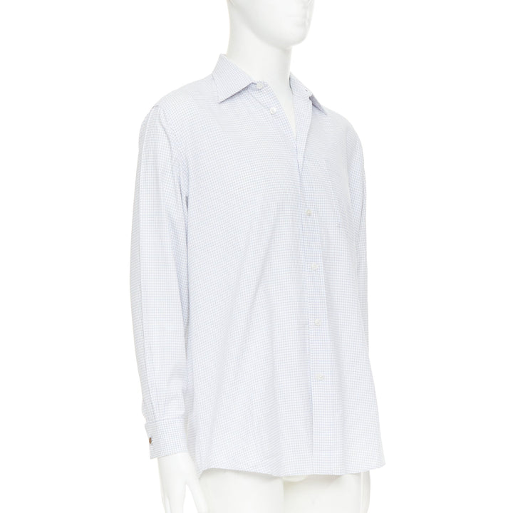 HERMES white blue small checked cotton collared shirt EU39 M