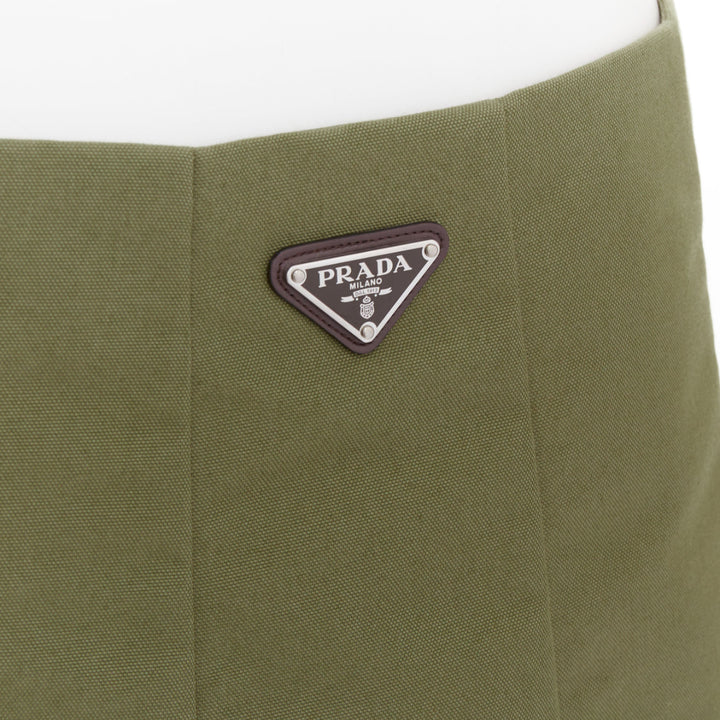 PRADA 2023 khaki green nylon canvas triangle logo plate pleat mini skirt IT38 XS