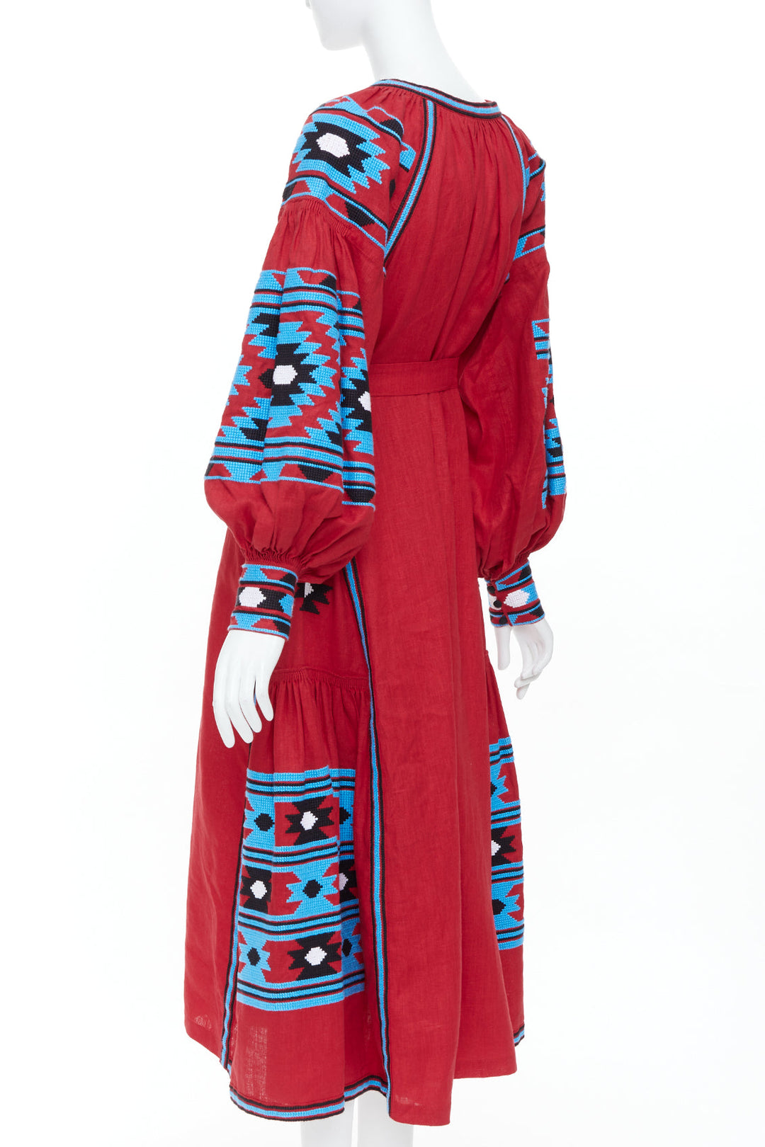VITA KIN red linen blue folk ethnic embroidery boho peasant kaftan dress S/D