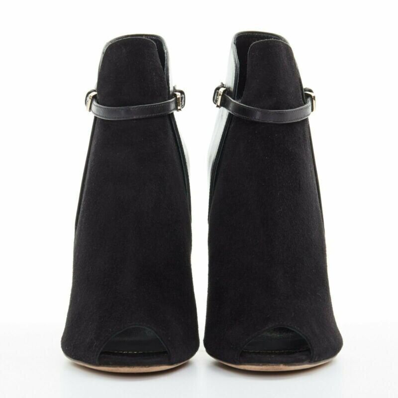 SERGIO ROSSI black suede leather strap buckle peep toe heel ankle bootie EU37