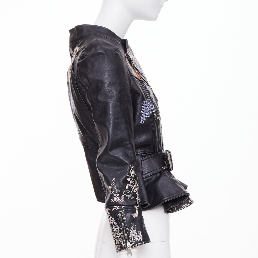 ALEXANDER MCQUEEN Cross Stitch Leather Moto floral peplum jacket IT40 S