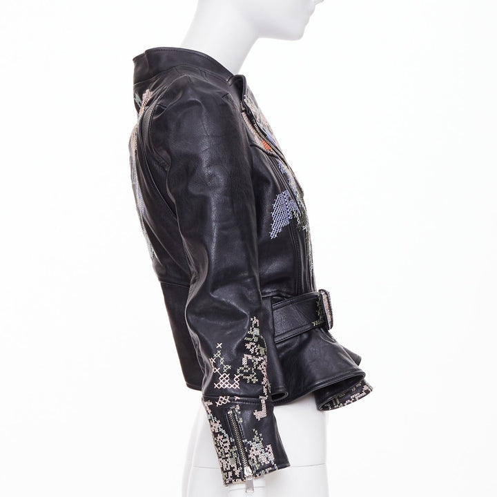 ALEXANDER MCQUEEN Cross Stitch Leather Moto floral peplum jacket IT40 S