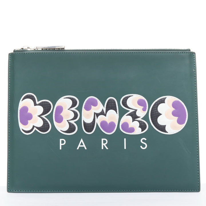 KENZO dark green purple debossed rubber logo portfolio zip clutch