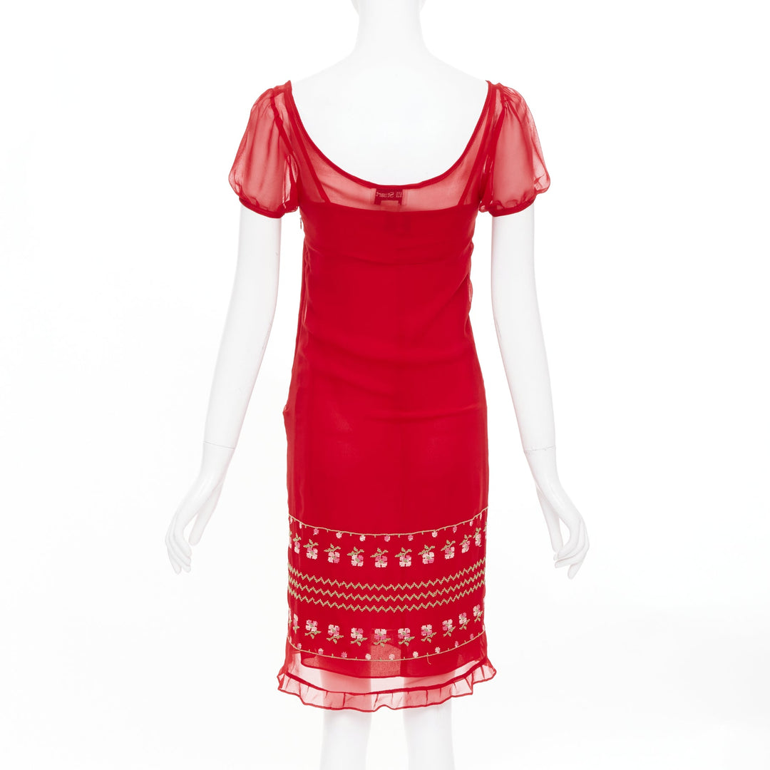 JILL STUART red sheer silk embroidered puff sleeve square neck mini dress US2 S