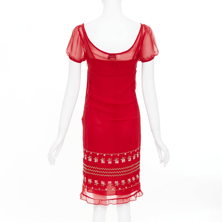 JILL STUART red sheer silk embroidered puff sleeve square neck mini dress US2 S