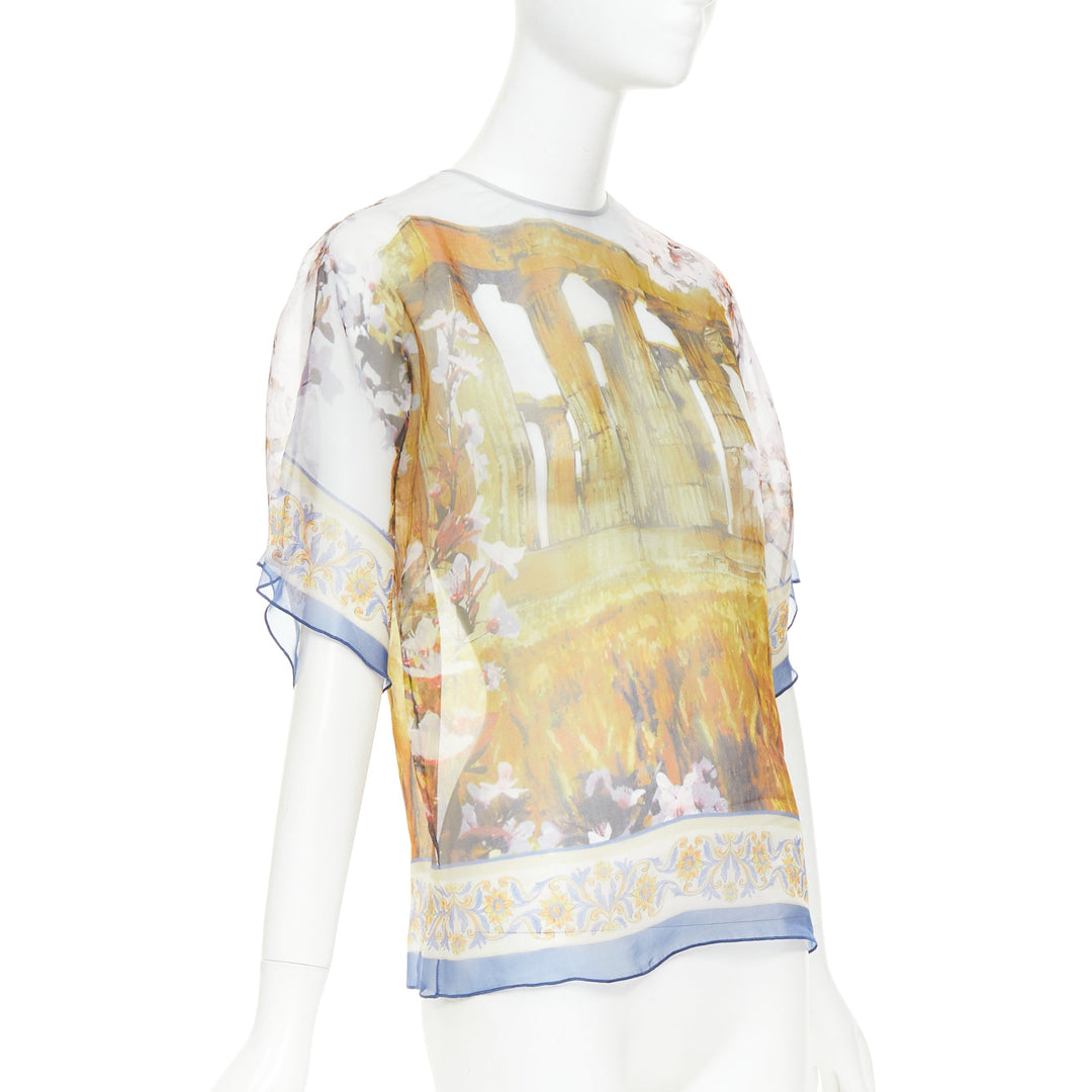 DOLCE GABBANA 100% silk sheer Rome Ruins floral print keyhole top IT36 XXS