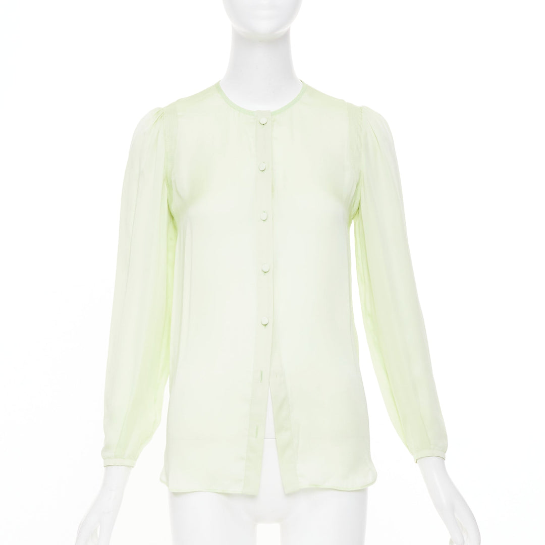 GIVENCHY pale lime green collarless covered button gathered silk blouse FR34 XS