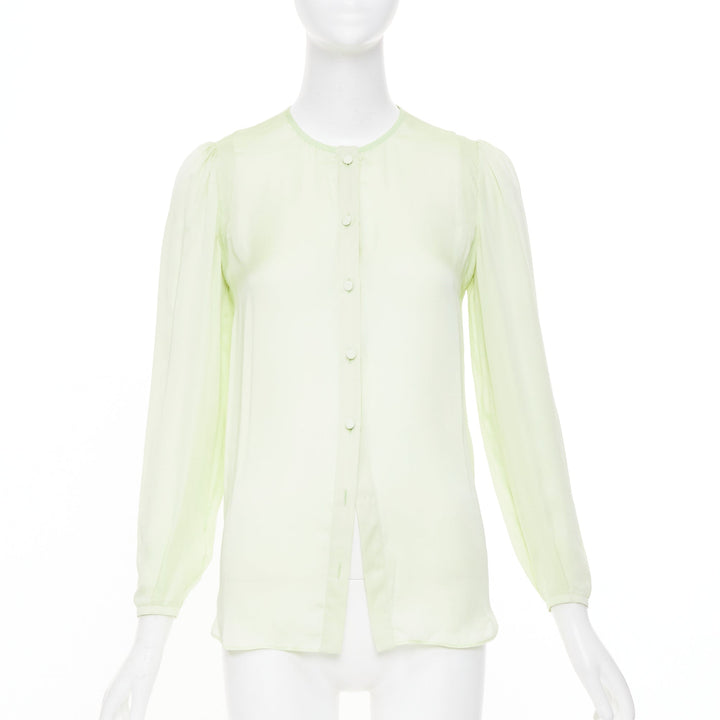 GIVENCHY pale lime green collarless covered button gathered silk blouse FR34 XS
