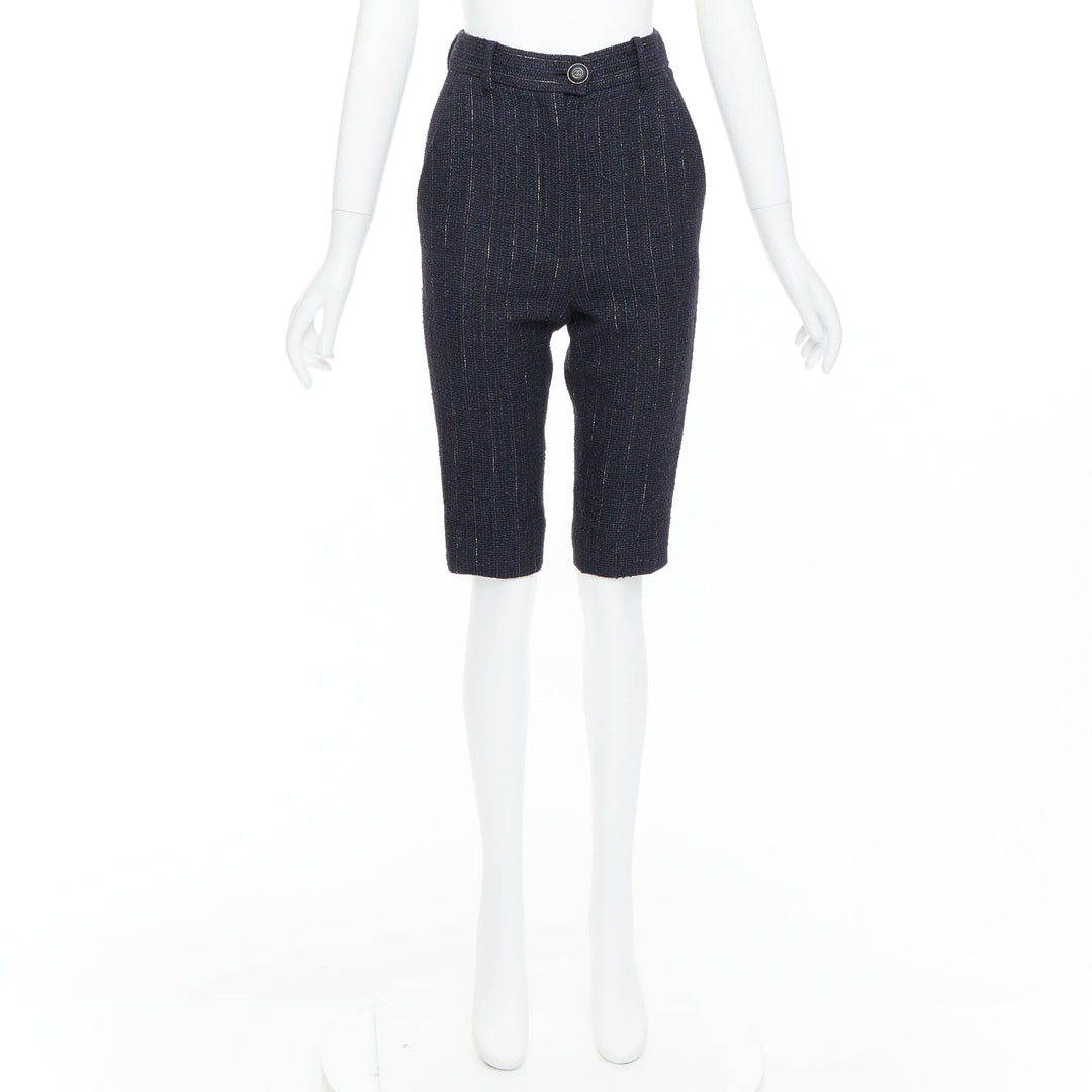 CHANEL navy metallic tweed CC button knee capri pants FR34 XS