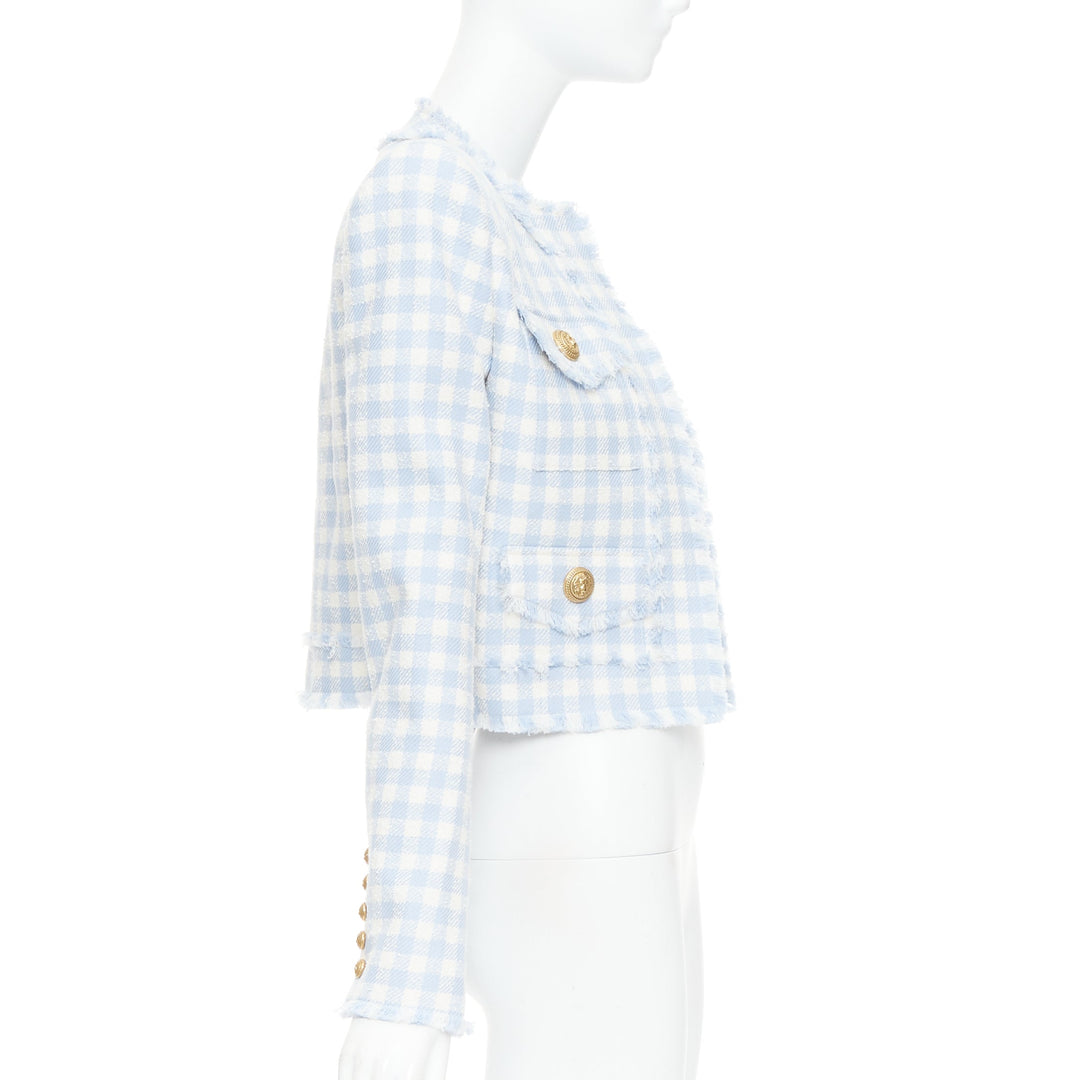 BALMAIN light blue white plaid tweed trim 4 pocket cropped jacket FR34 XS