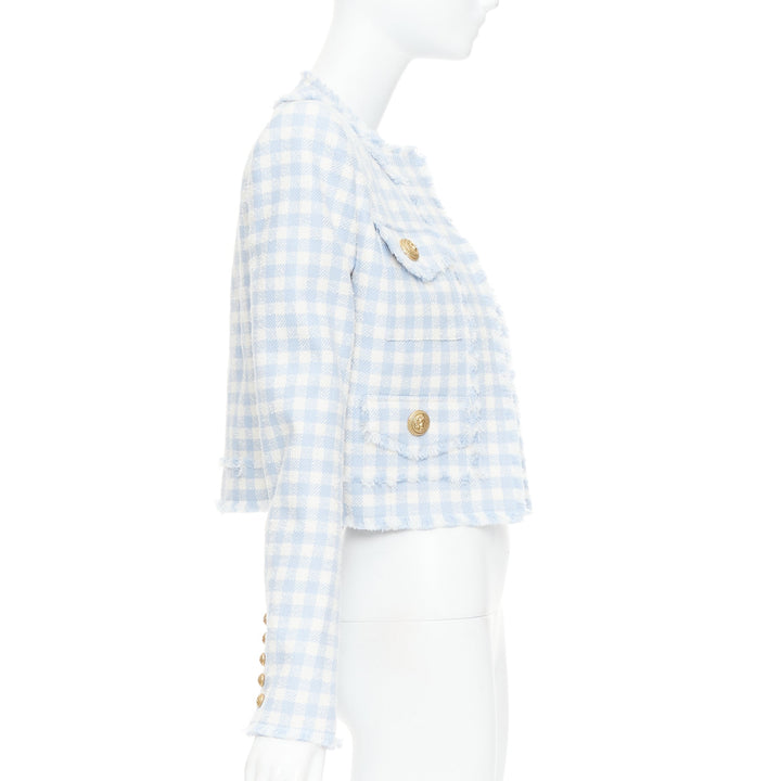 BALMAIN light blue white plaid tweed trim 4 pocket cropped jacket FR34 XS