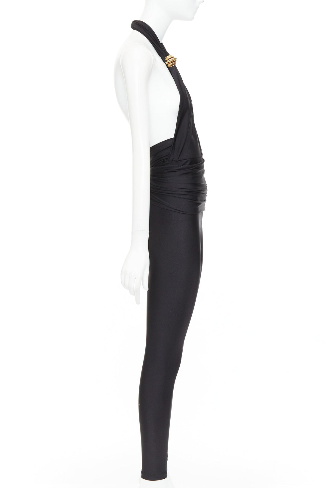 SAINT LAURENT 2022 Runway black gold metal brooch halter cutout jumpsuit Sz1 XS