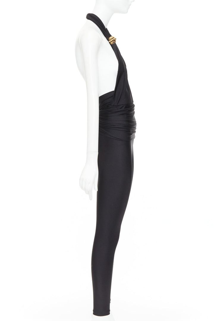 SAINT LAURENT 2022 Runway black gold metal brooch halter cutout jumpsuit Sz1 XS