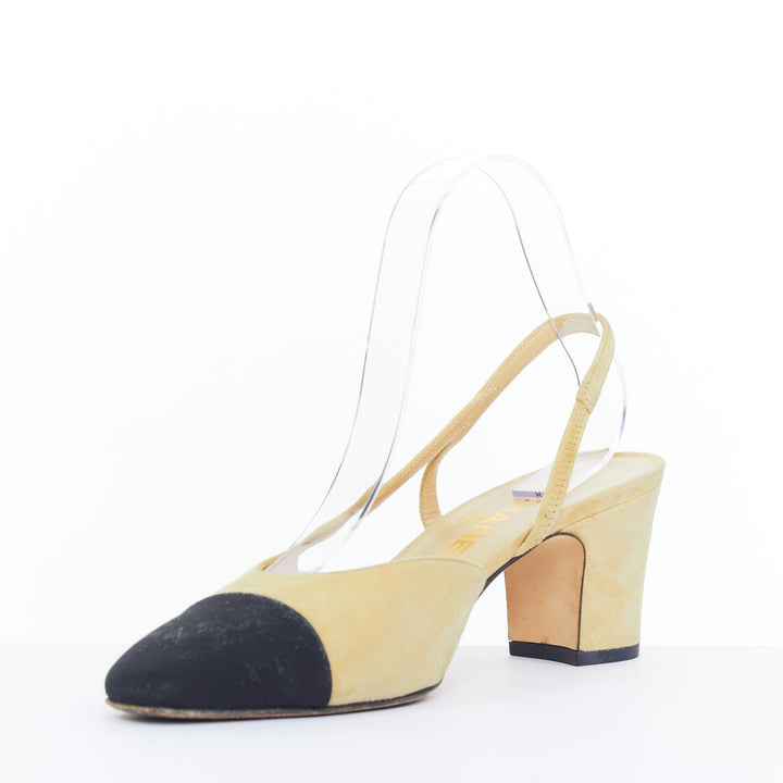 CHANEL Runway beige suede black grosgrain cap toe slip on slingback pumps EU38