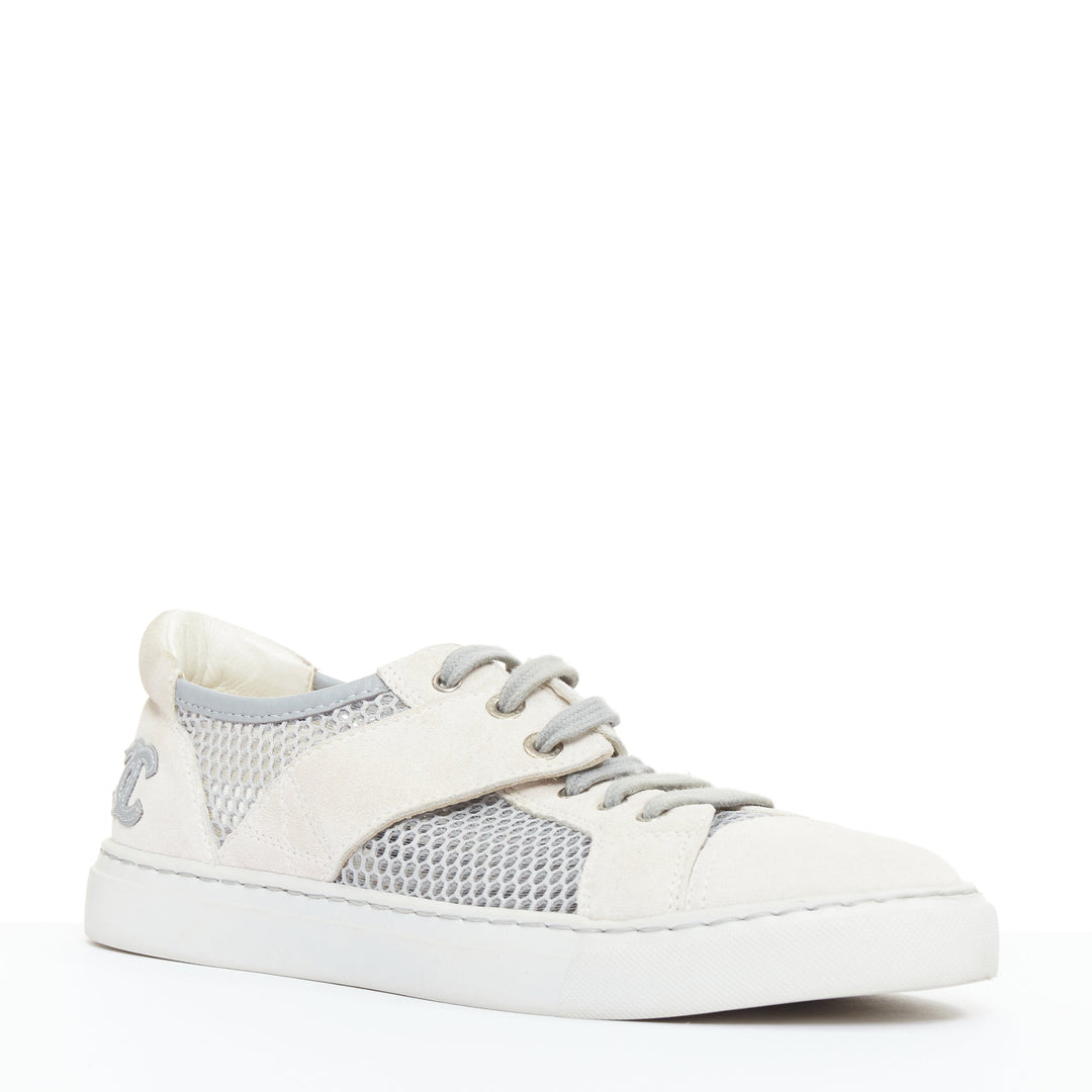 CHANEL 2015 grey mesh CC logo cream suede panelled sneakers EU36.5