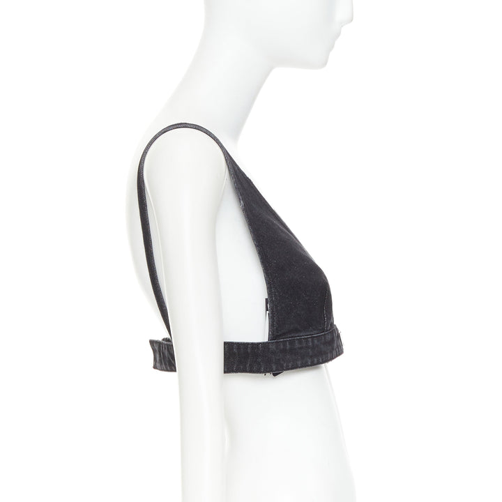 PRADA 2022 dark grey denim black triangle logo plaque bralette crop top IT42 M