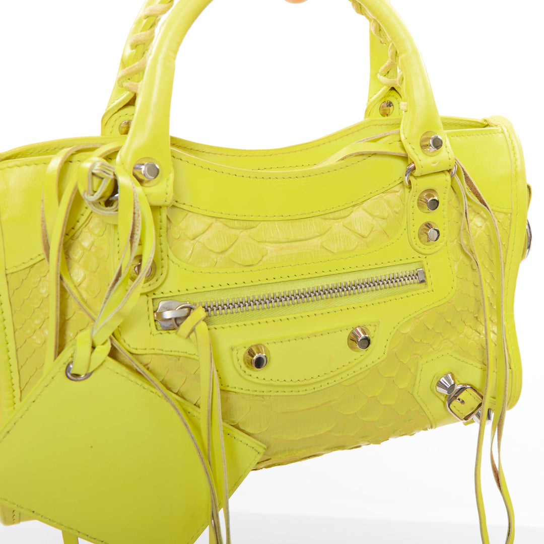BALENCIAGA City Classic Mini neon yellow scaled leather motocross bag
