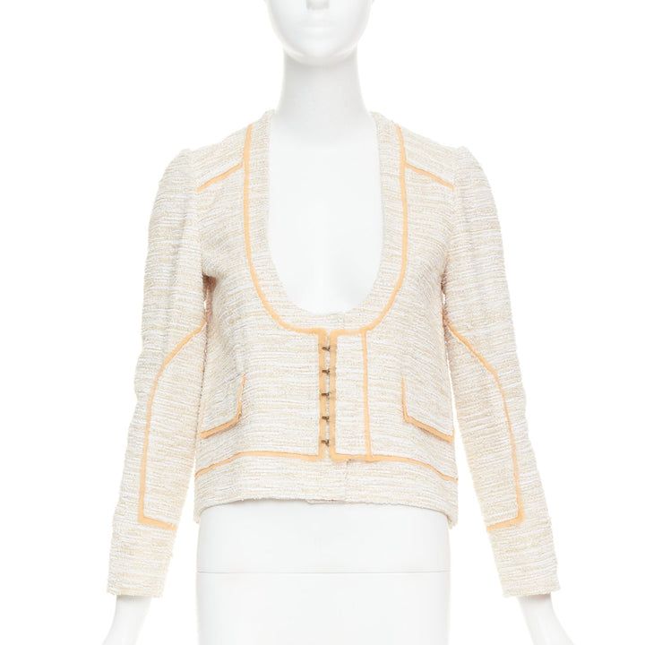 PROENZA SCHOULER 2011 beige cotton tweed orange trim scoop jacket US2 S