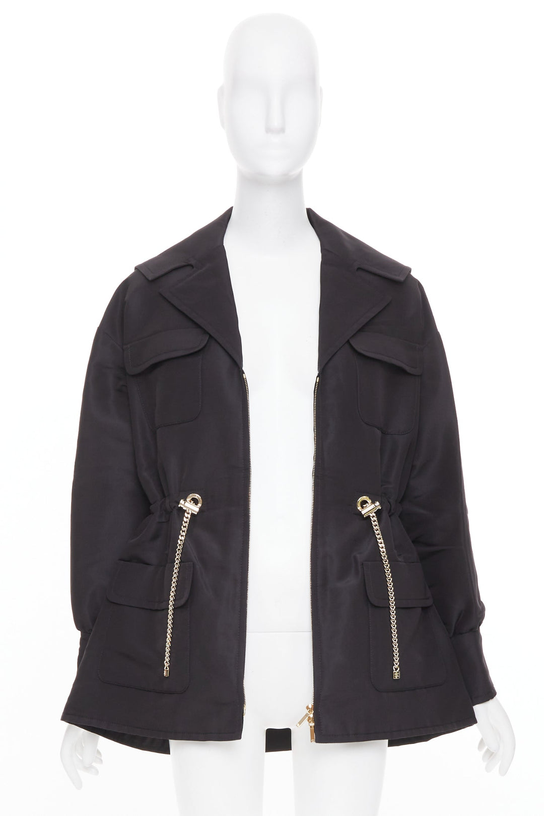 CHANEL 2023 black silk flap pocket gold chain drawstring utility jacket FR34 XS