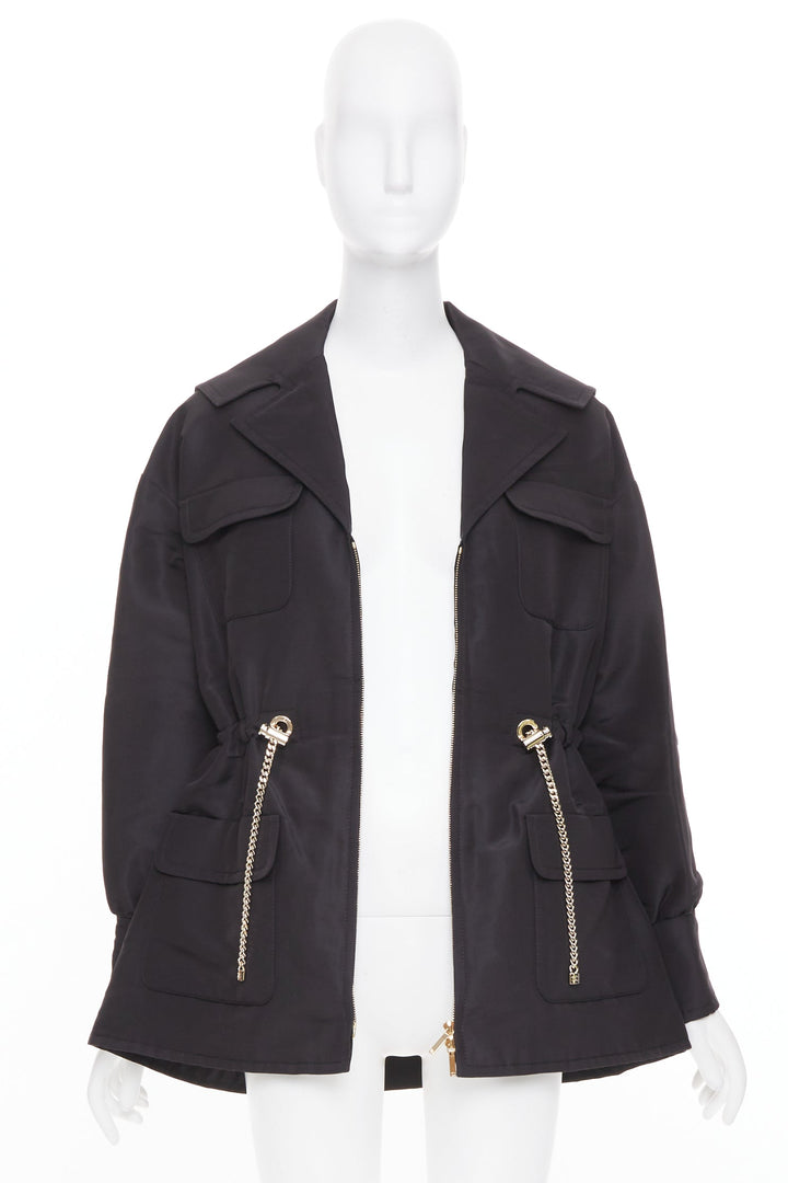 CHANEL 2023 black silk flap pocket gold chain drawstring utility jacket FR34 XS