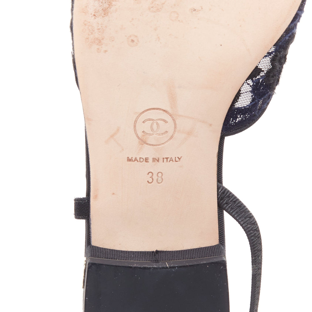CHANEL navy black lace silver CC logo lace grosgrain slingback ballet flat