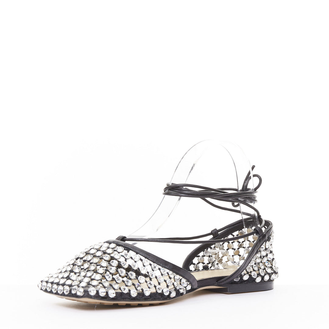 BOTTEGA VENETA Sparkle Stretch black leather crystal mesh lace up flats EU38