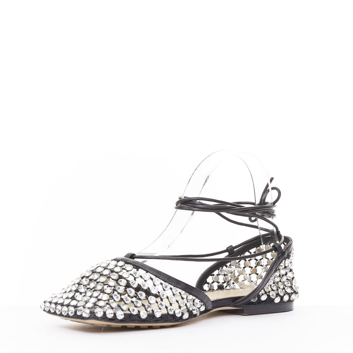 BOTTEGA VENETA Sparkle Stretch black leather crystal mesh lace up flats EU38