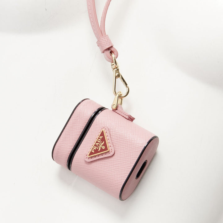 PRADA Symbole Triangle logo saffiano leather AirPods lanyard bag pink red