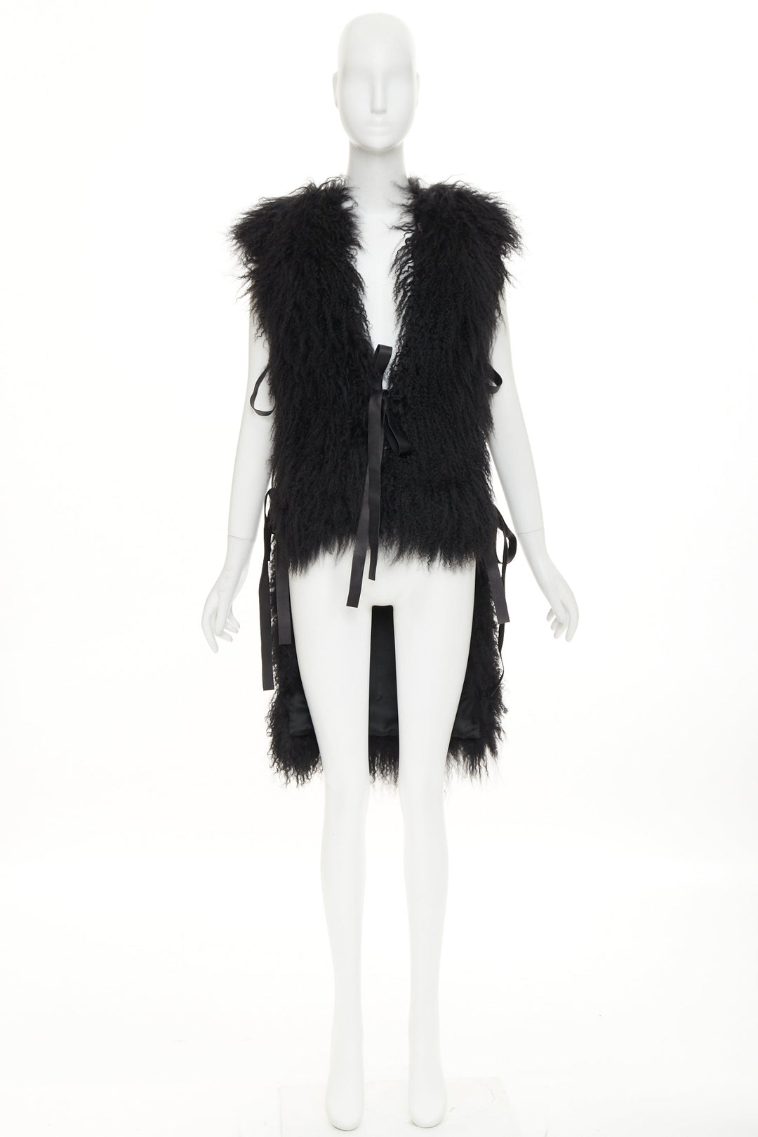 GIVENCHY black Mongolia shearling fur leather ribbon high low vest coat IT36 XXS