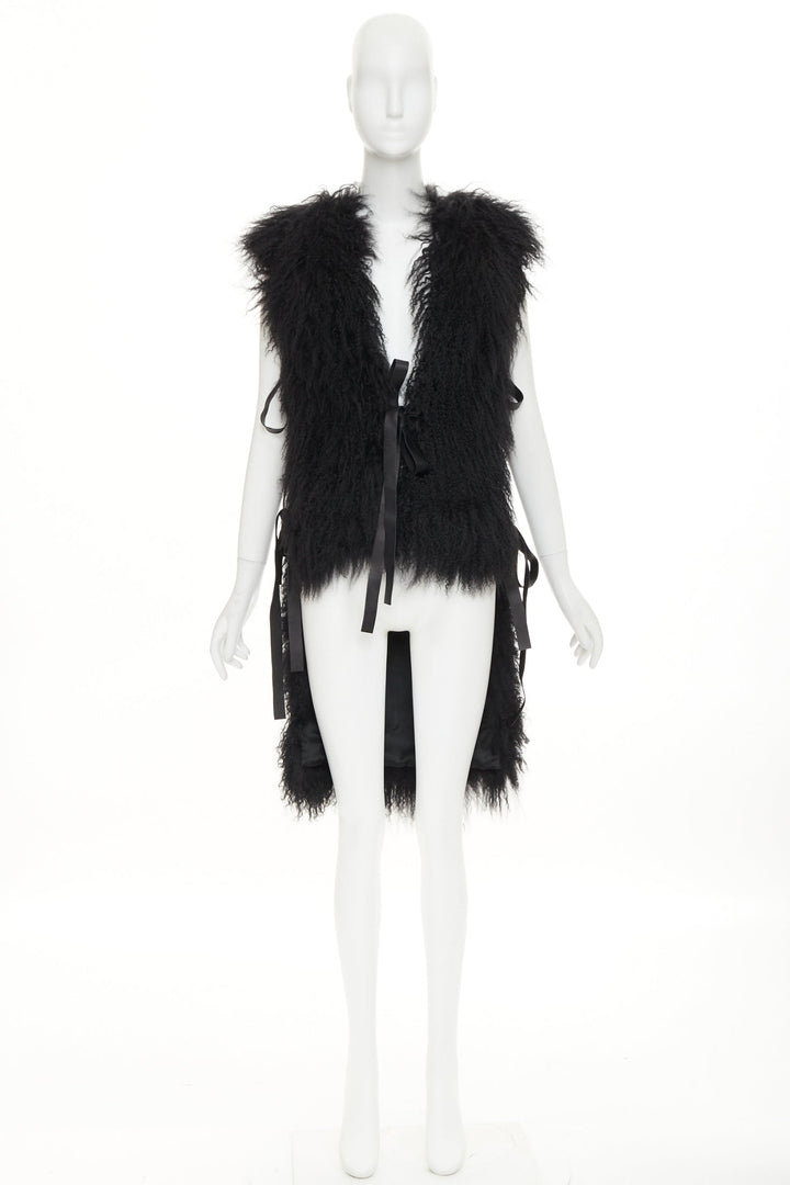 GIVENCHY black Mongolia shearling fur leather ribbon high low vest coat IT36 XXS