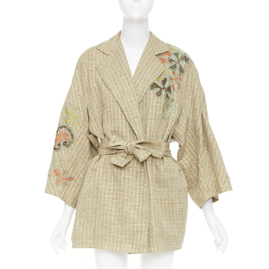 CHRISTIAN LACROIX Vintage gold tweed floral embroidered belted jacket FR42 L