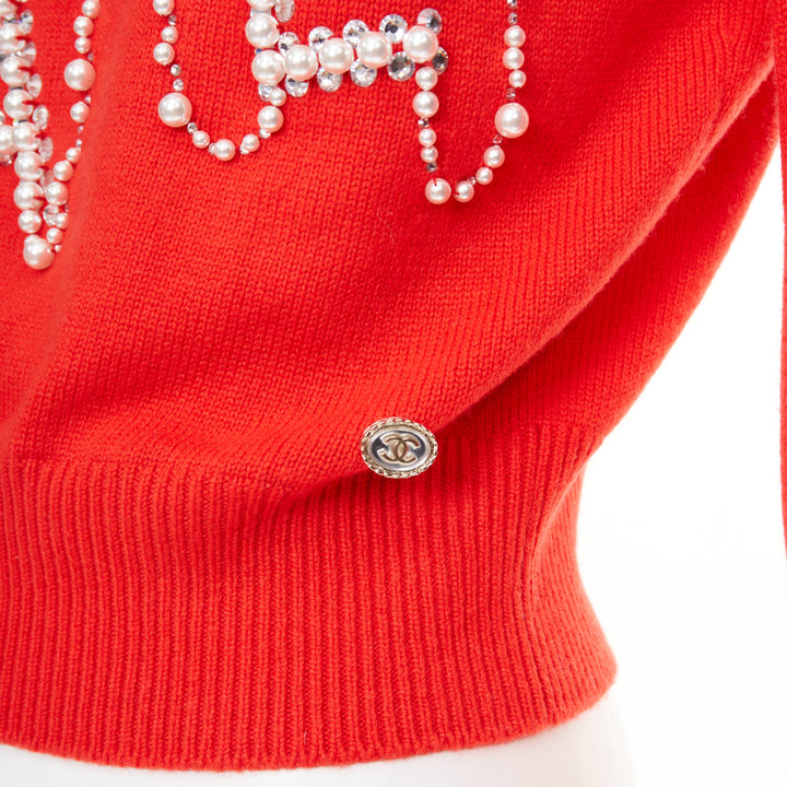 CHANEL 21S Runway 100% cashmere red pearl crystal beads spellout sweater FR34 XS
