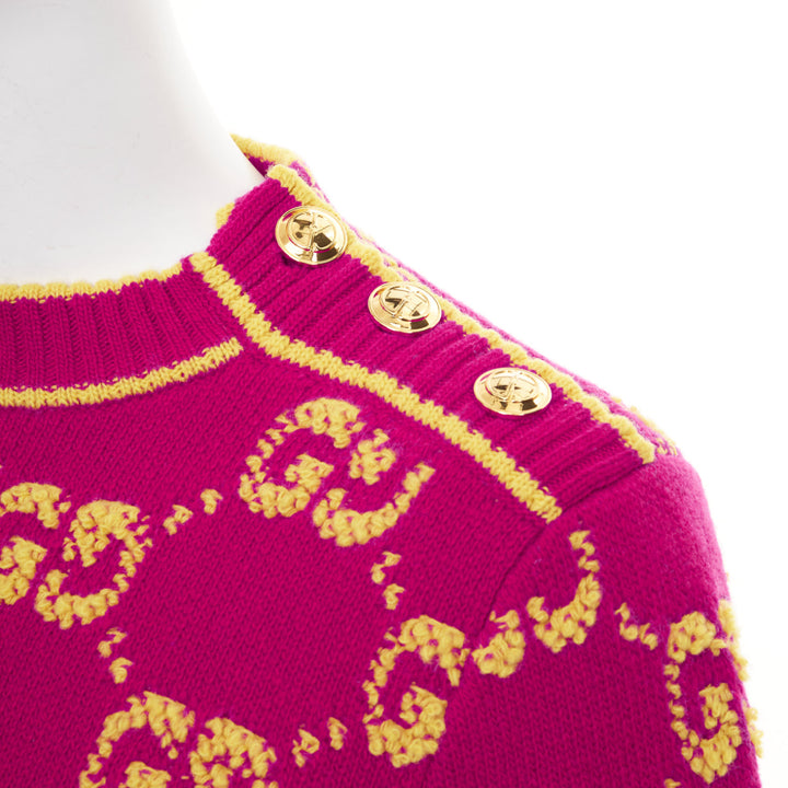 GUCCI 2022 magenta yellow wool GG monogram jacquard cropped sweater XS
