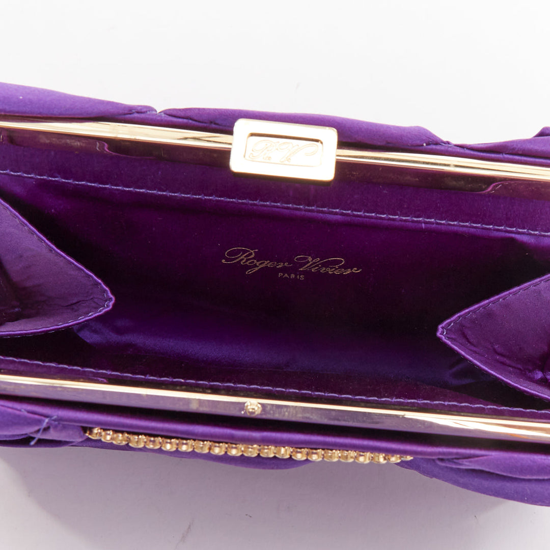 ROGER VIVIER purple satin 3D rose ruffle applique crystal buckle clutch bag
