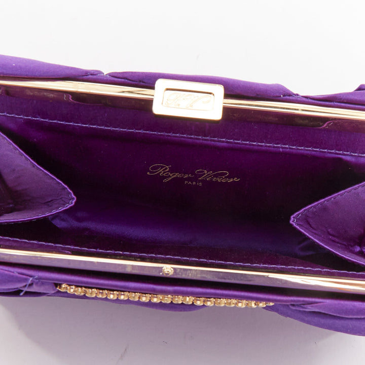 ROGER VIVIER purple satin 3D rose ruffle applique crystal buckle clutch bag